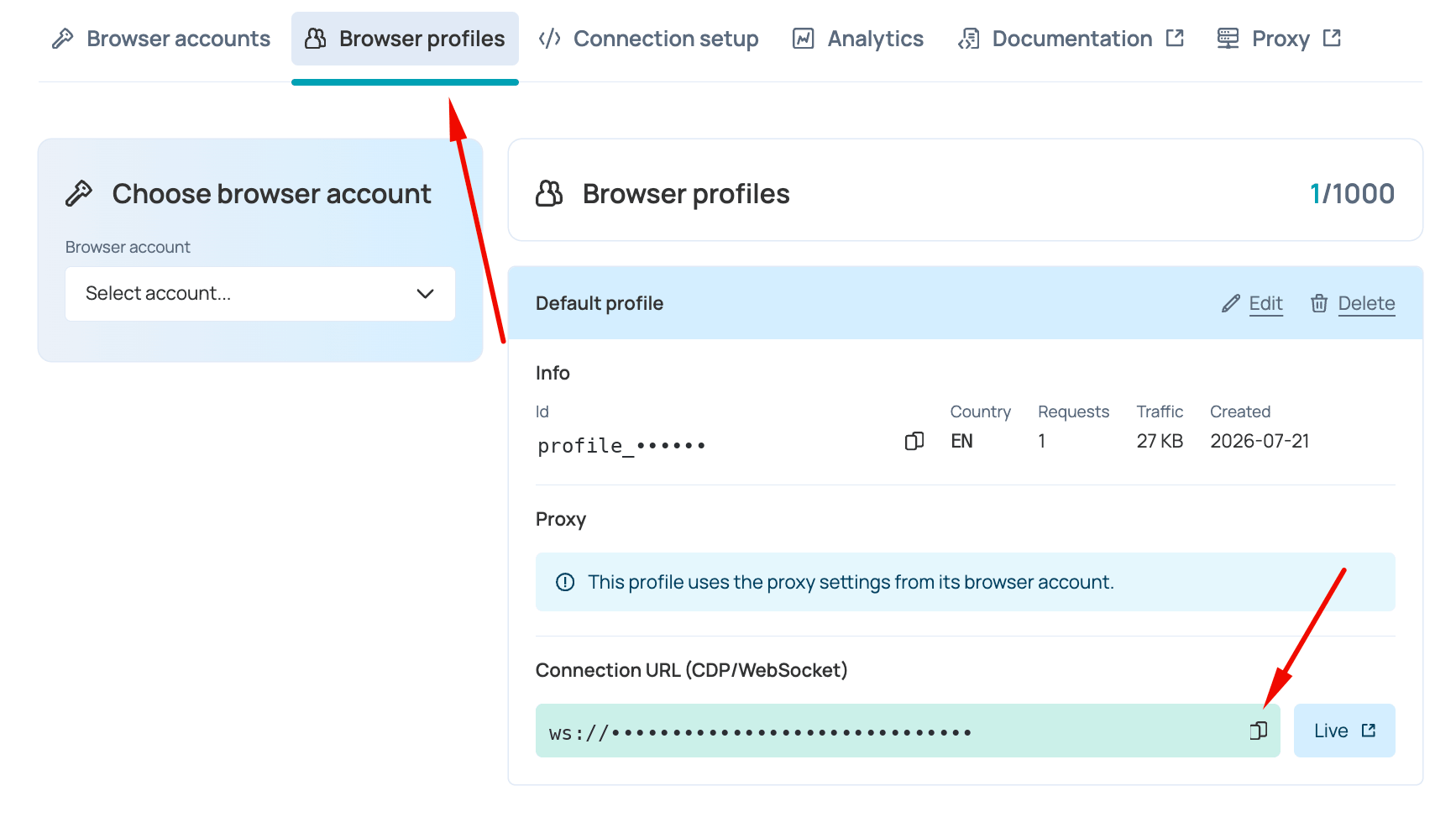 Copying the CDP URL from the Browser profiles tab