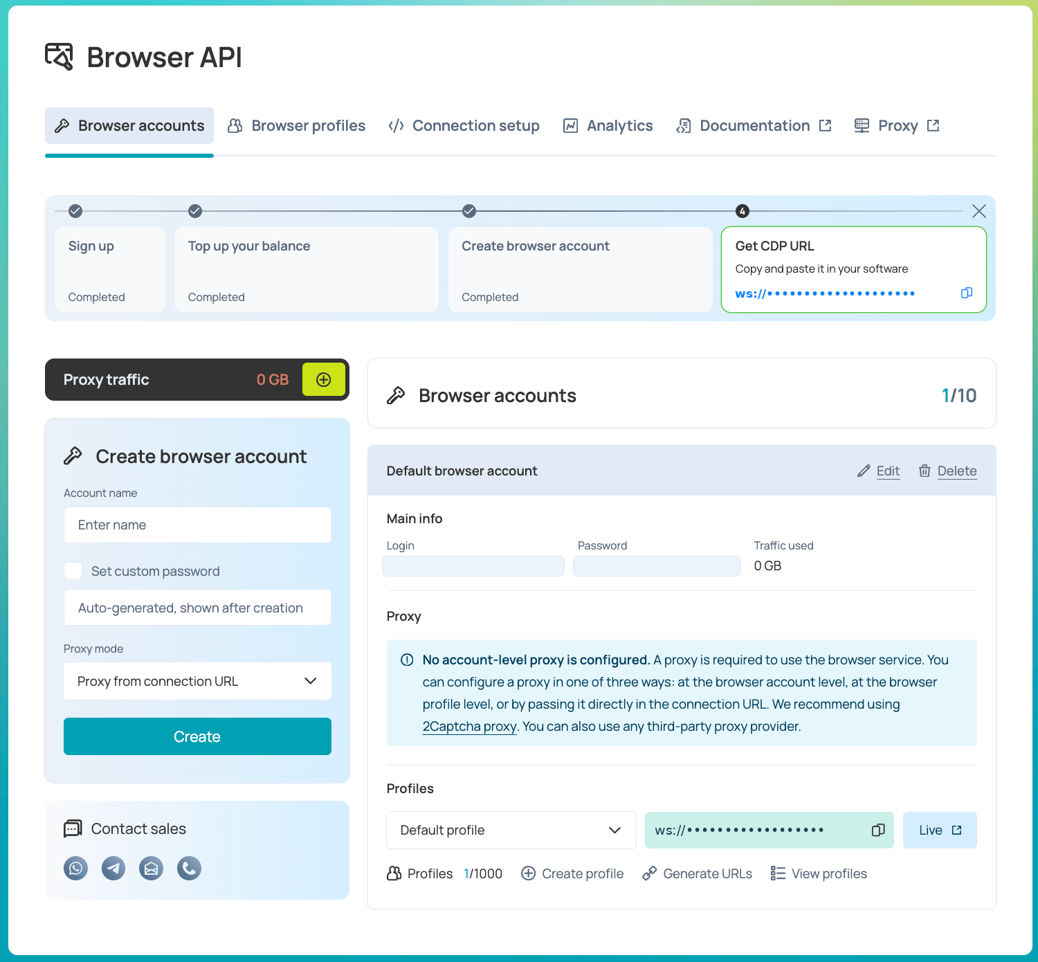 Browser API Dashboard with the demo browser account and ready CDP URL