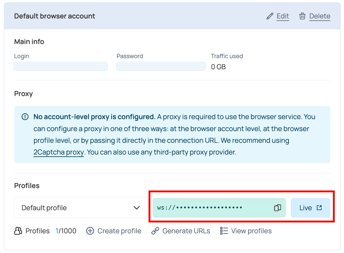 Demo browser account card with the Default profile and Live button