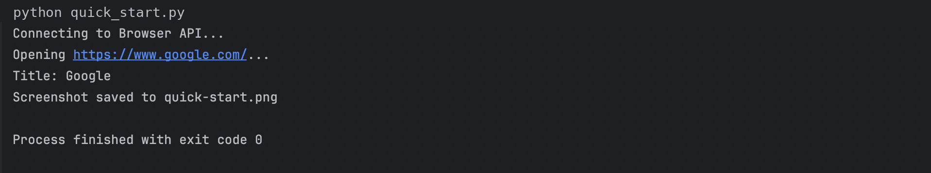 Terminal output after running the quick start script